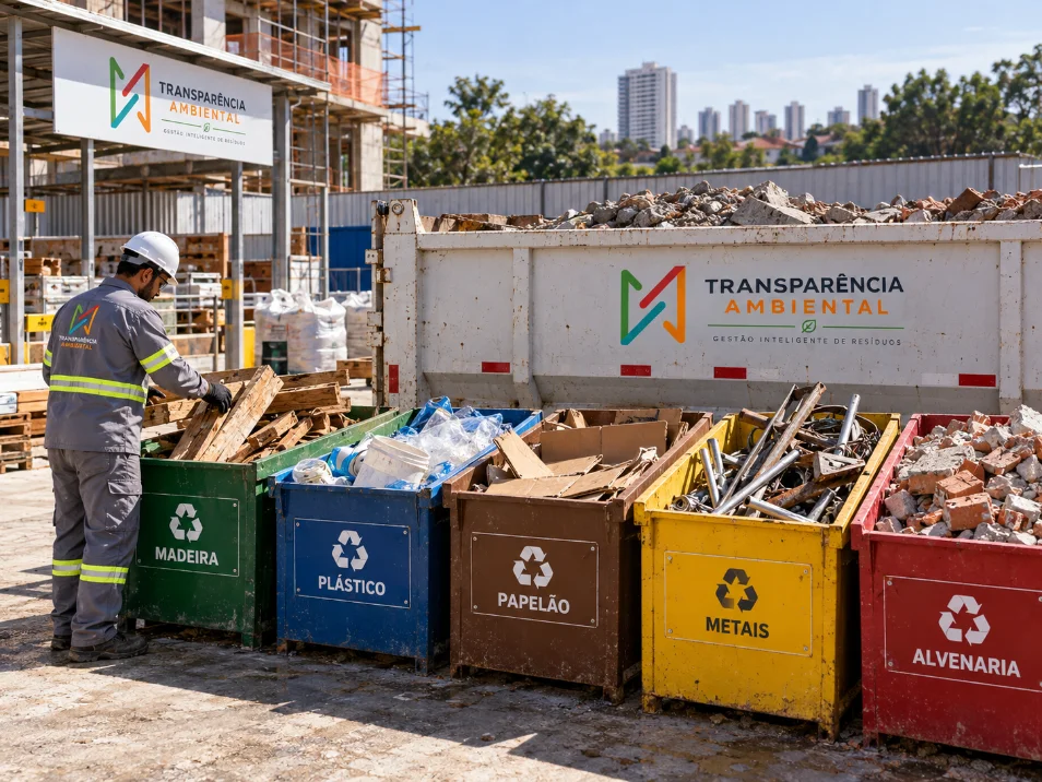 Caçamba posicionada em canteiro de obra, com separação por material